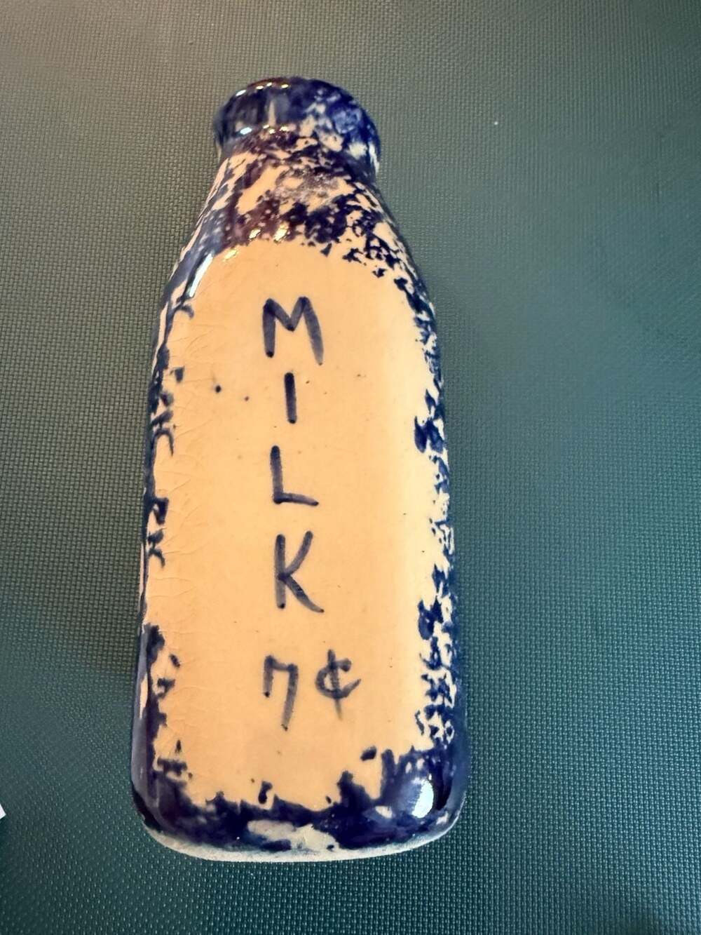 Vintage Alpine Pottery Roseville Ohio Blue Spongeware Milk Bottle Vase